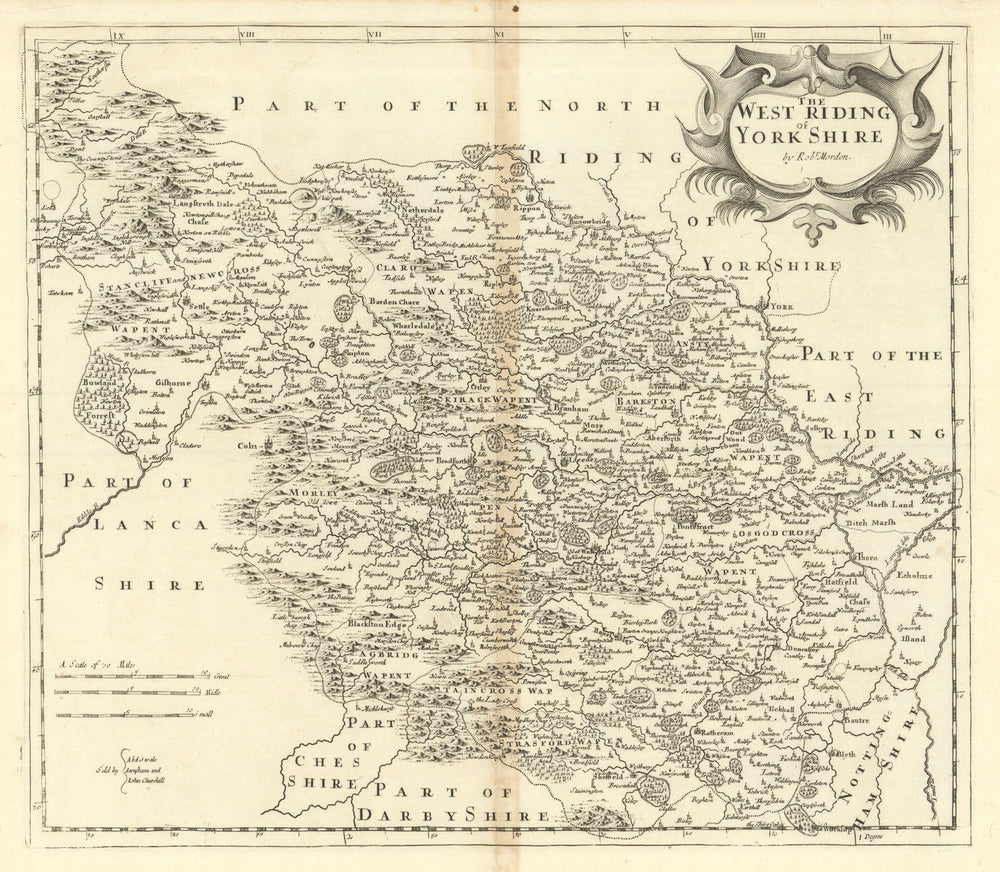 WEST RIDING OF YORKSHIRE by ROBERT MORDEN from Camden's Britannia 1695 old map