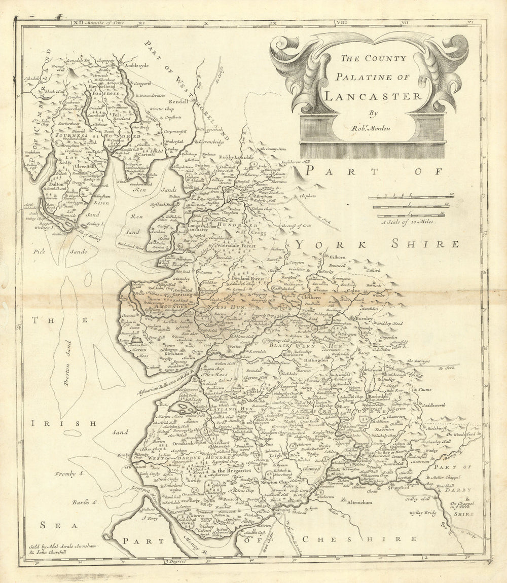Lancashire. 'THE COUNTY PALATINE OF LANCASTER' by ROBERT MORDEN 1695 old map
