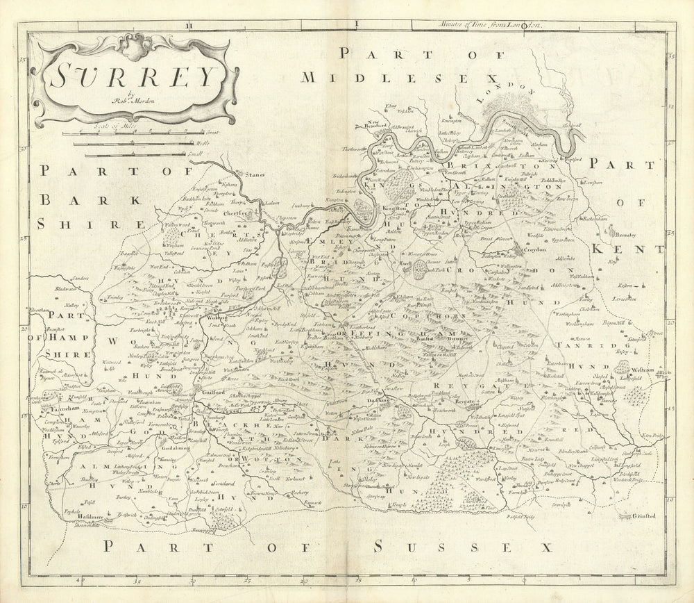 SURREY by ROBERT MORDEN from Camden's Britannia 1722 old antique map chart