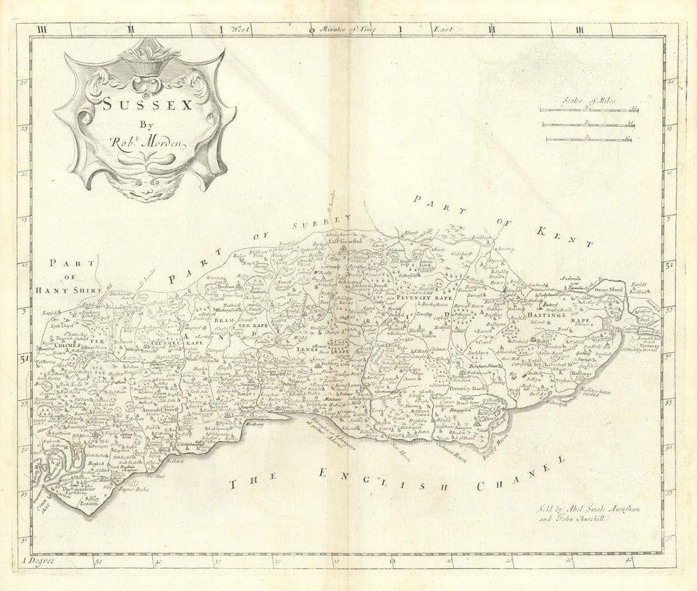 SUSSEX by ROBERT MORDEN from Camden's Britannia 1722 old antique map chart