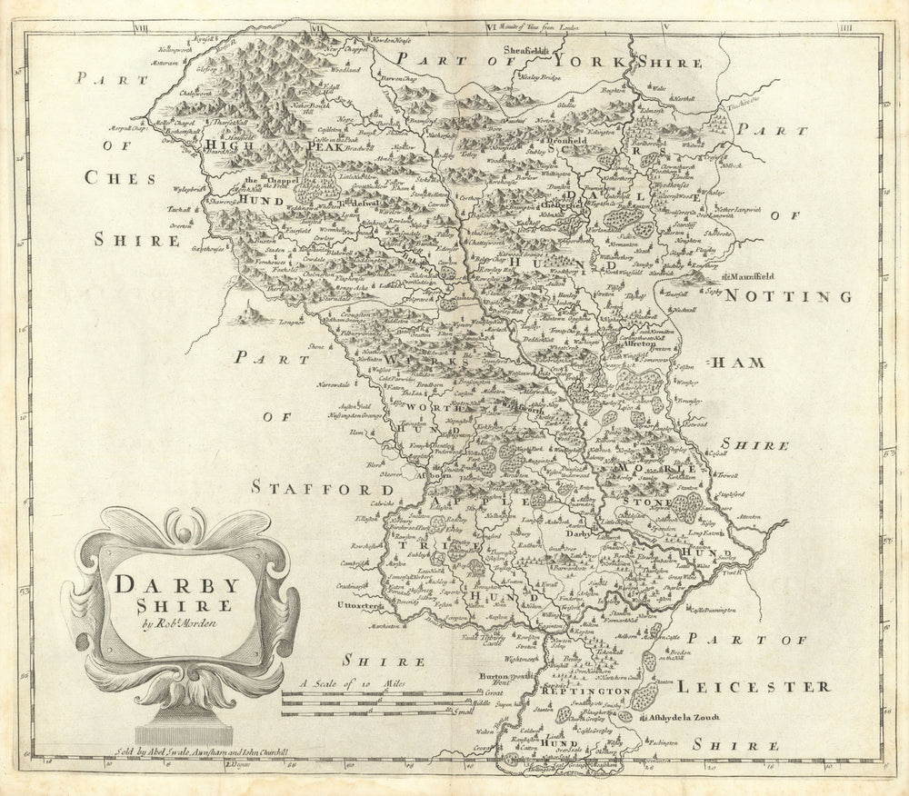 Derbyshire. 'DARBY SHIRE' by ROBERT MORDEN. Shows Peak District 1722 old map