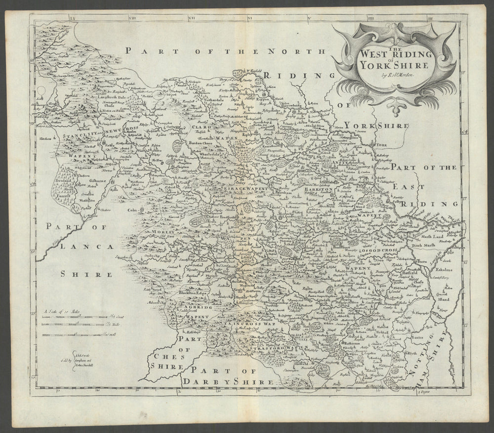 WEST RIDING OF YORKSHIRE by ROBERT MORDEN from Camden's Britannia 1722 old map