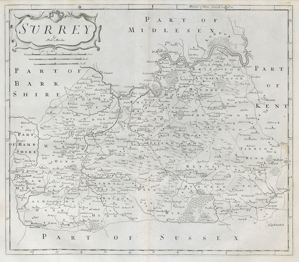 SURREY by ROBERT MORDEN from Camden's Britannia 1722 old antique map chart
