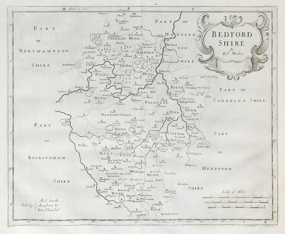 Bedfordshire. 'BEDFORD SHIRE' by ROBERT MORDEN from Camden's Britannia 1722 map