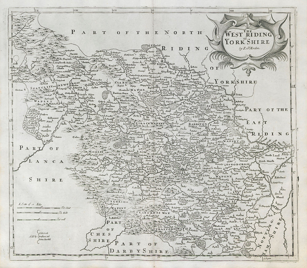 WEST RIDING OF YORKSHIRE by ROBERT MORDEN from Camden's Britannia 1722 old map