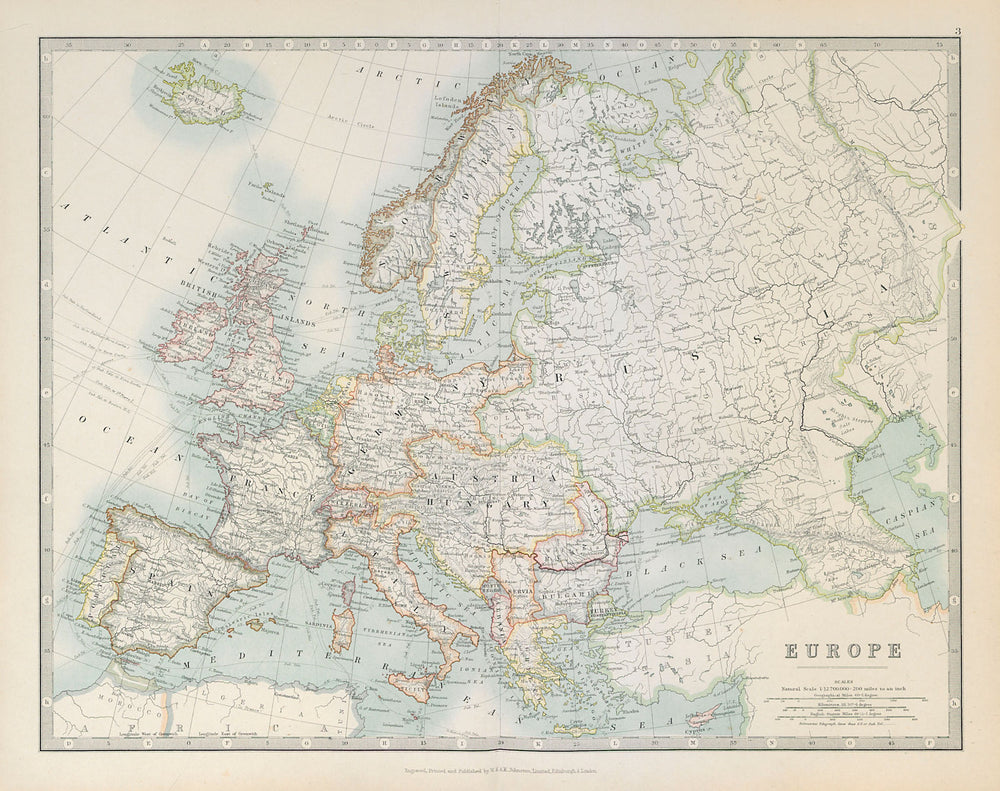 EUROPE shown before the First World War. JOHNSTON 1915 old antique map chart
