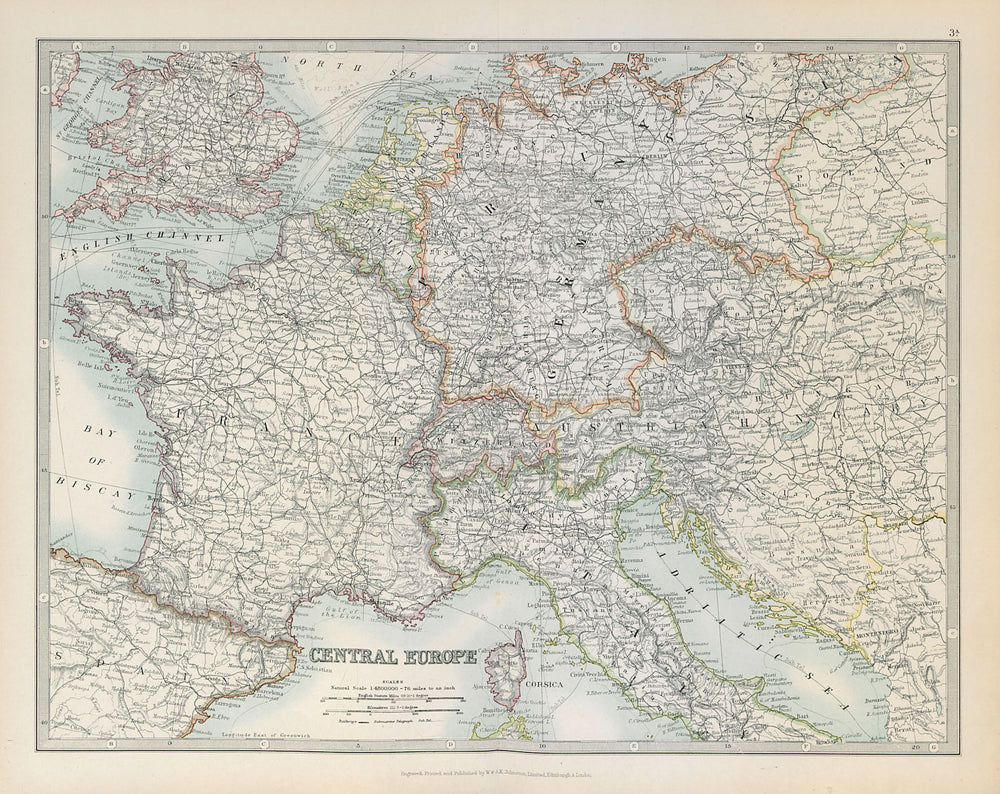 CENTRAL EUROPE. France w/o Alsace Lorraine. Austria-Hungary . JOHNSTON 1915 map