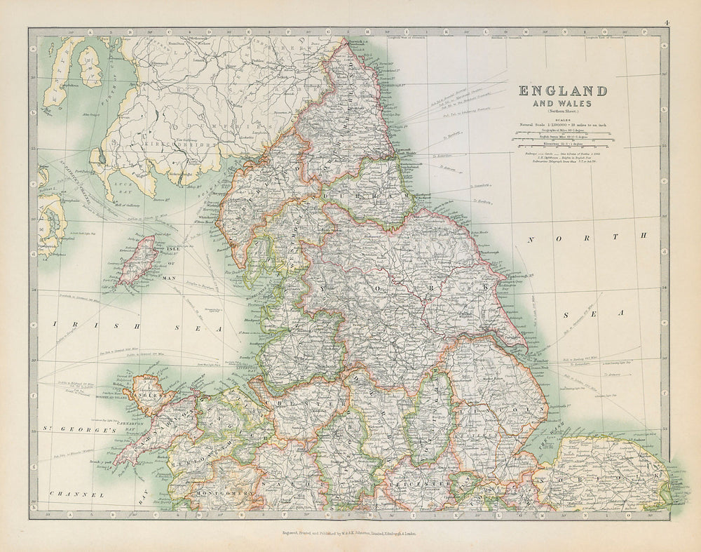 NORTHERN ENGLAND & WALES Yorkshire Ridings Lincolnshire Parts. JOHNSTON 1915 map