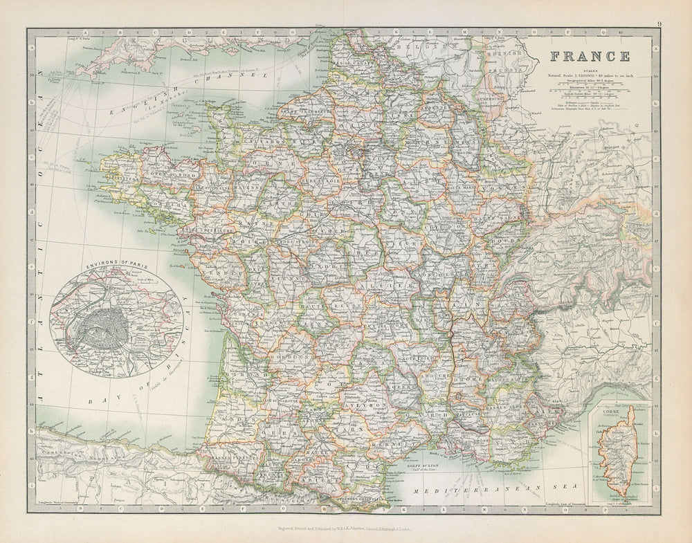 FRANCE showing important battlefields and dates. JOHNSTON 1915 old antique map