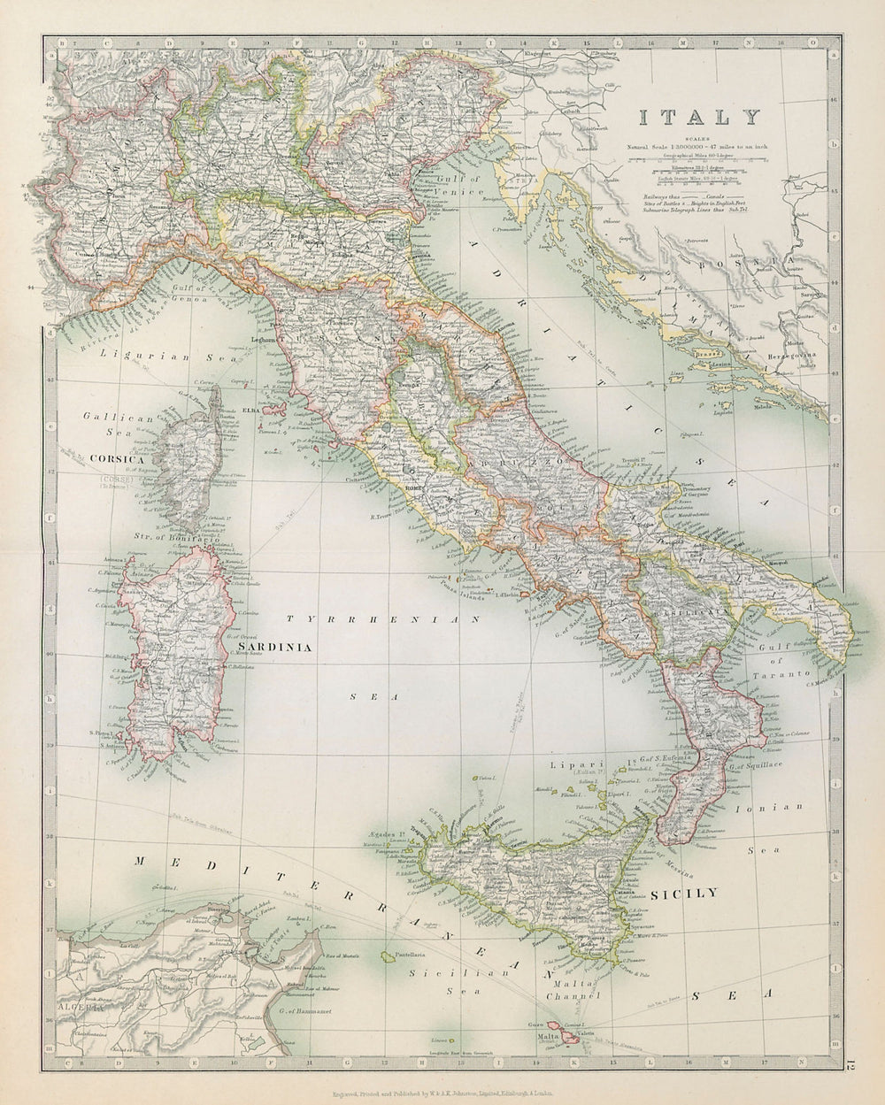 ITALY. Railways. Key battlefields & dates. JOHNSTON 1915 old antique map chart