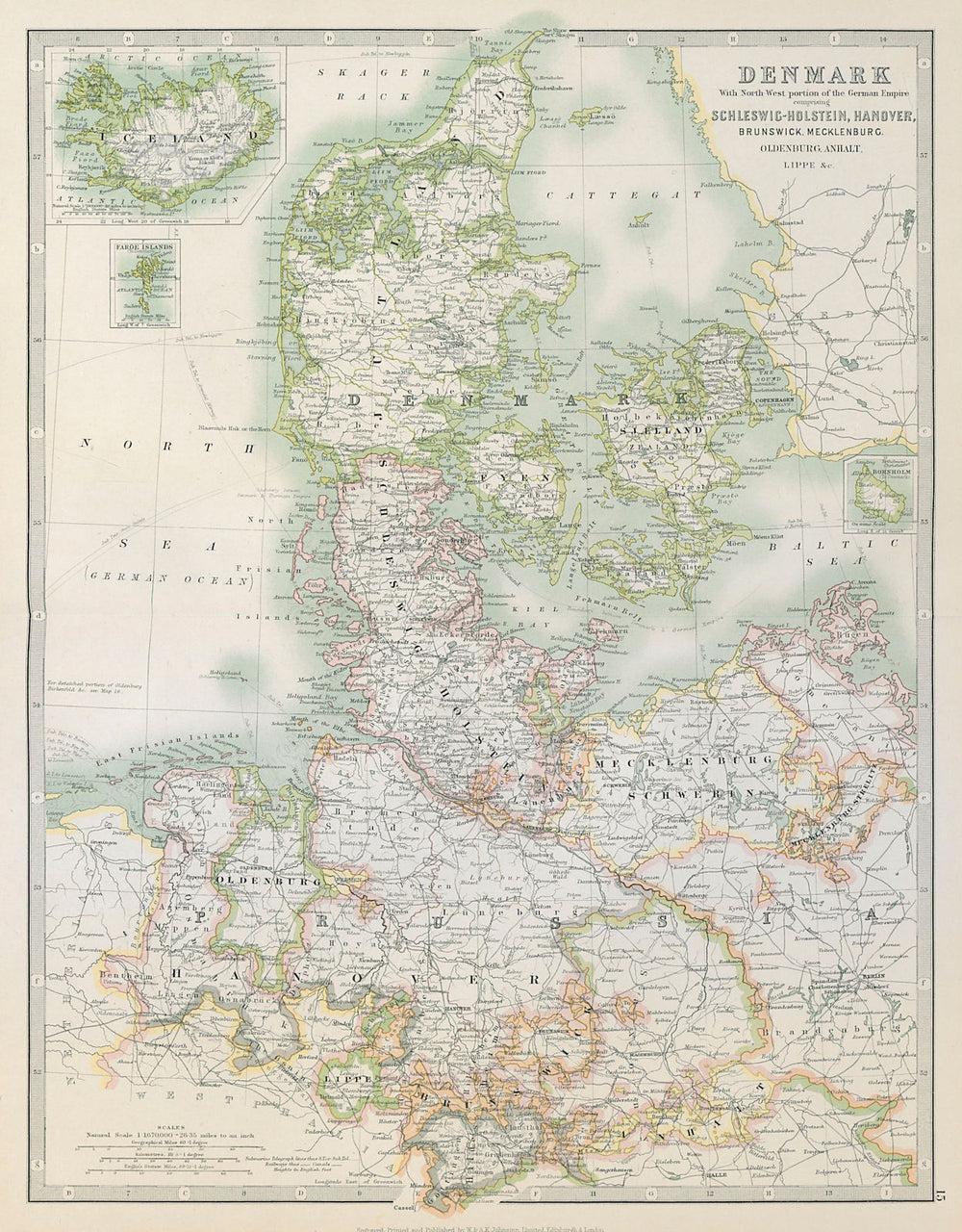 DENMARK & NORTHERN GERMANY. Schleswig-Holstein Hanover. JOHNSTON 1915 old map