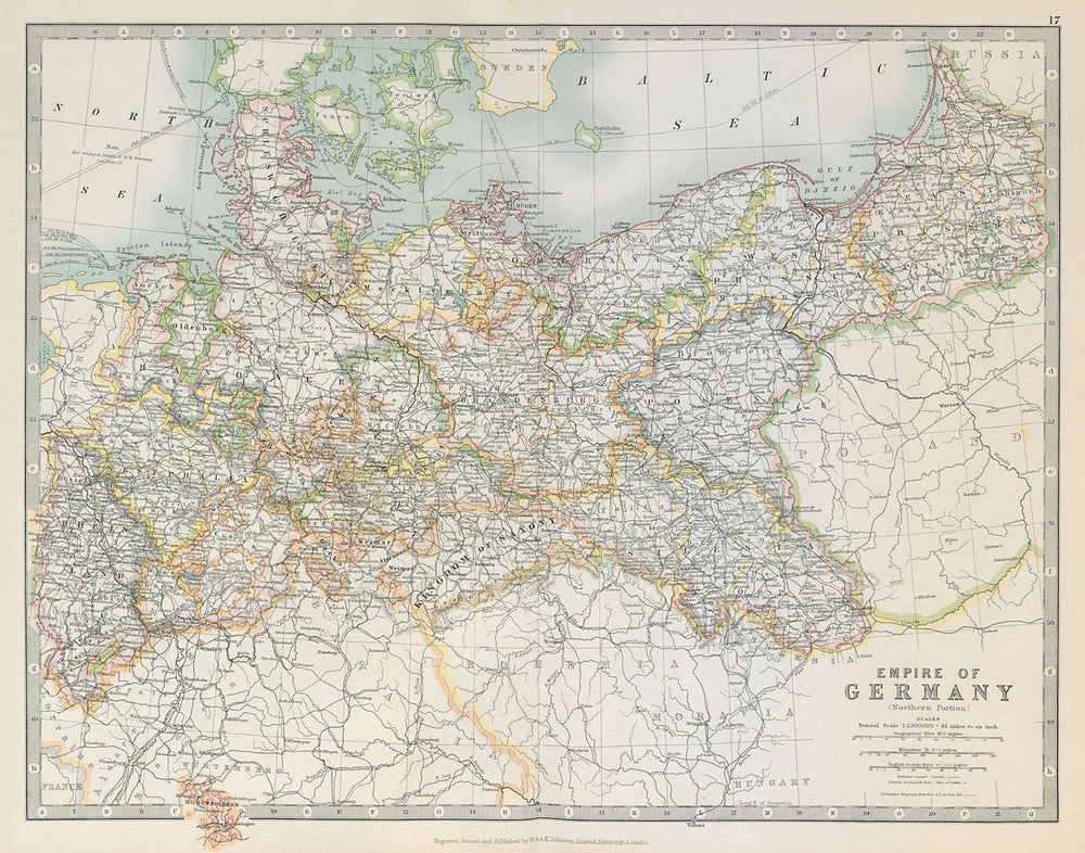 GERMAN EMPIRE NORTH showing important battlefield & dates. JOHNSTON 1915 map