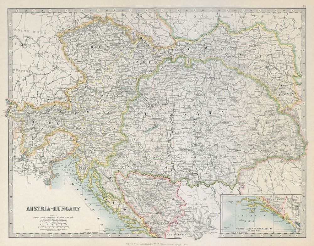 AUSTRIA-HUNGARY. Dalmatian coast. Bosnia. Railways. JOHNSTON 1915 old map