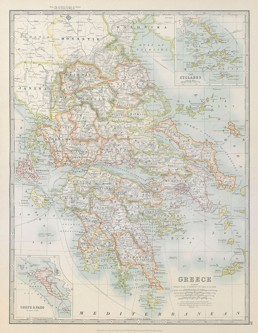 GREECE. Inset Corfu Paxo Cyclades. Railways. JOHNSTON 1915 old antique map