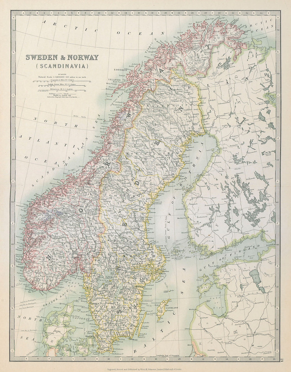 SCANDINAVIA. Sweden & Norway. Gulf of Bothnia. JOHNSTON 1915 old antique map