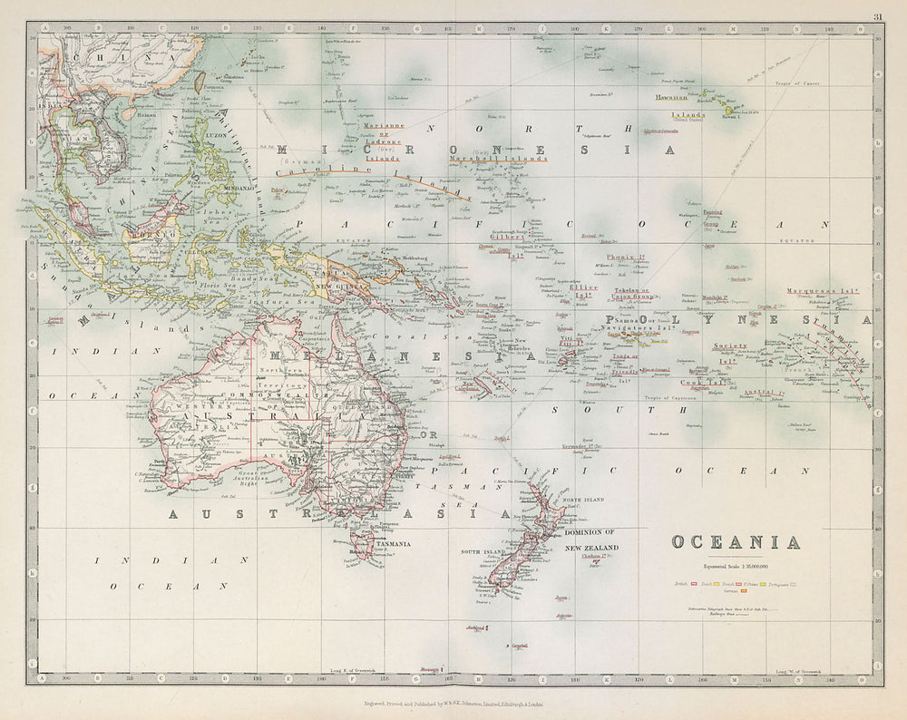 OCEANIA Australia New Zealand East Indies Polynesia Micronesia JOHNSTON 1915 map