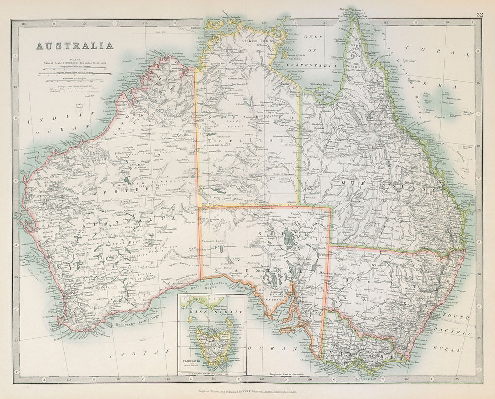 AUSTRALIA showing explorers' routes & goldfields. JOHNSTON 1915 map