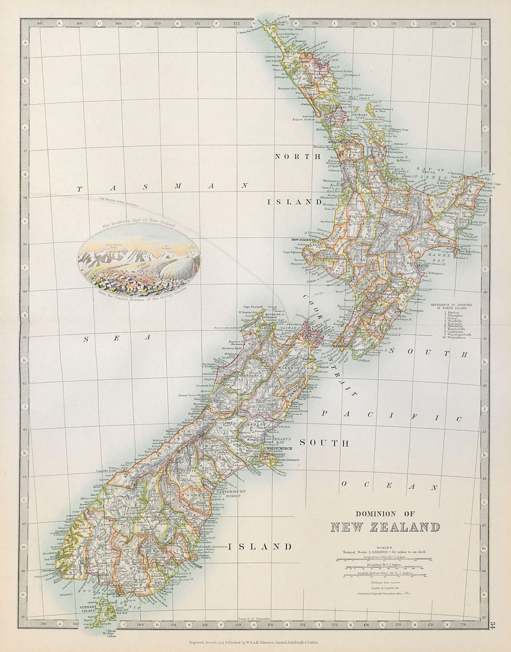 DOMINION OF NEW ZEALAND in counties. Godley Glacier vignette. JOHNSTON 1915 map