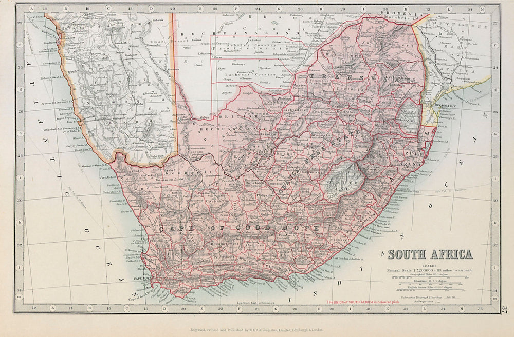 SOUTH AFRICA. Cape of Good Hope Transvaal Orange Free State. JOHNSTON 1915 map