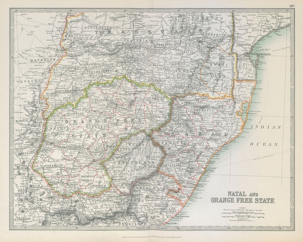 NATAL & ORANGE FREE STATE. South Africa. Transvaal. Railways. JOHNSTON 1915 map