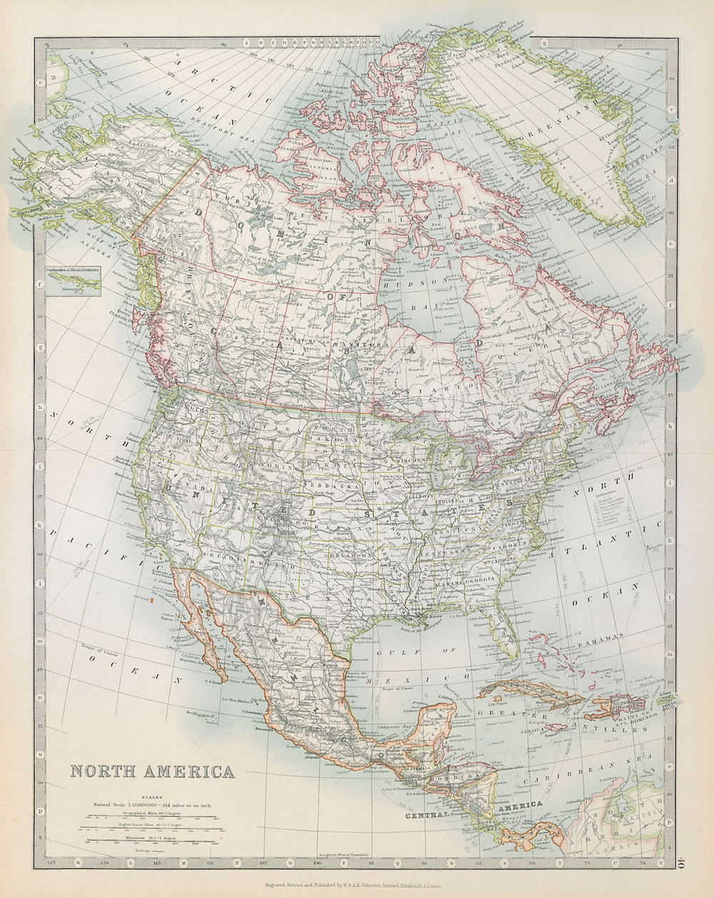 NORTH AMERICA. United States Canada Mexico. Railways. JOHNSTON 1915 old map