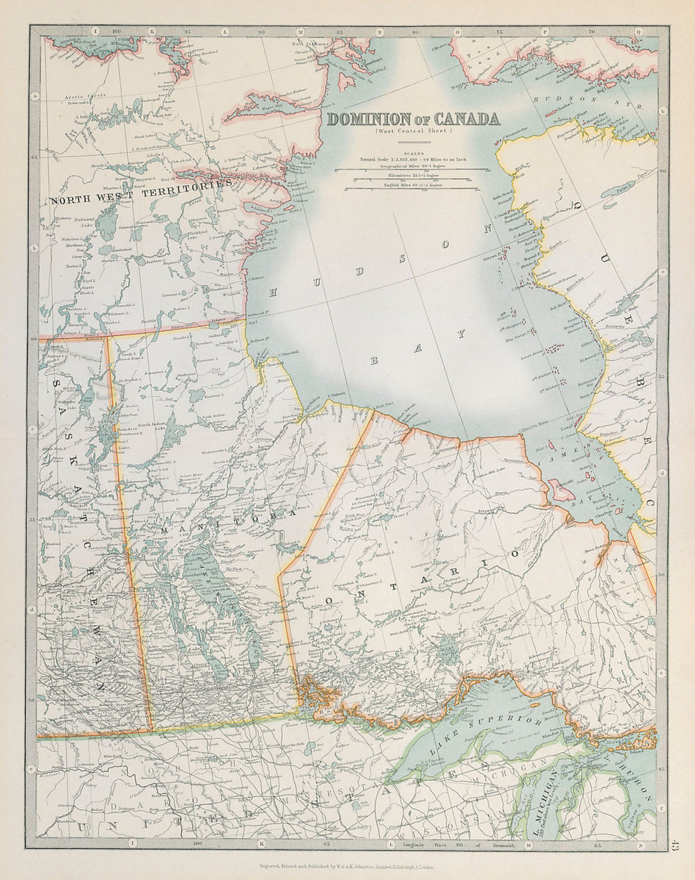 HUDSON BAY & CENTRAL CANADA. Manitoba. Northern Ontario. JOHNSTON 1915 old map