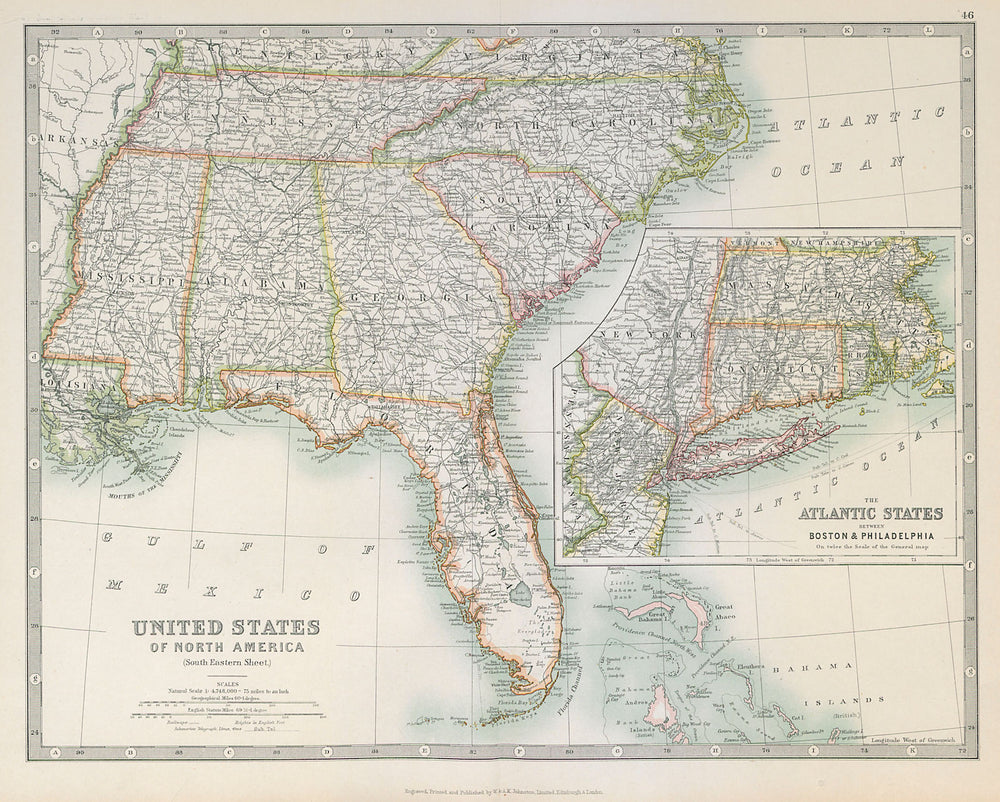 USA DEEP SOUTH. Florida Georgia Carolinas Alabama Tennessee. JOHNSTON 1915 map