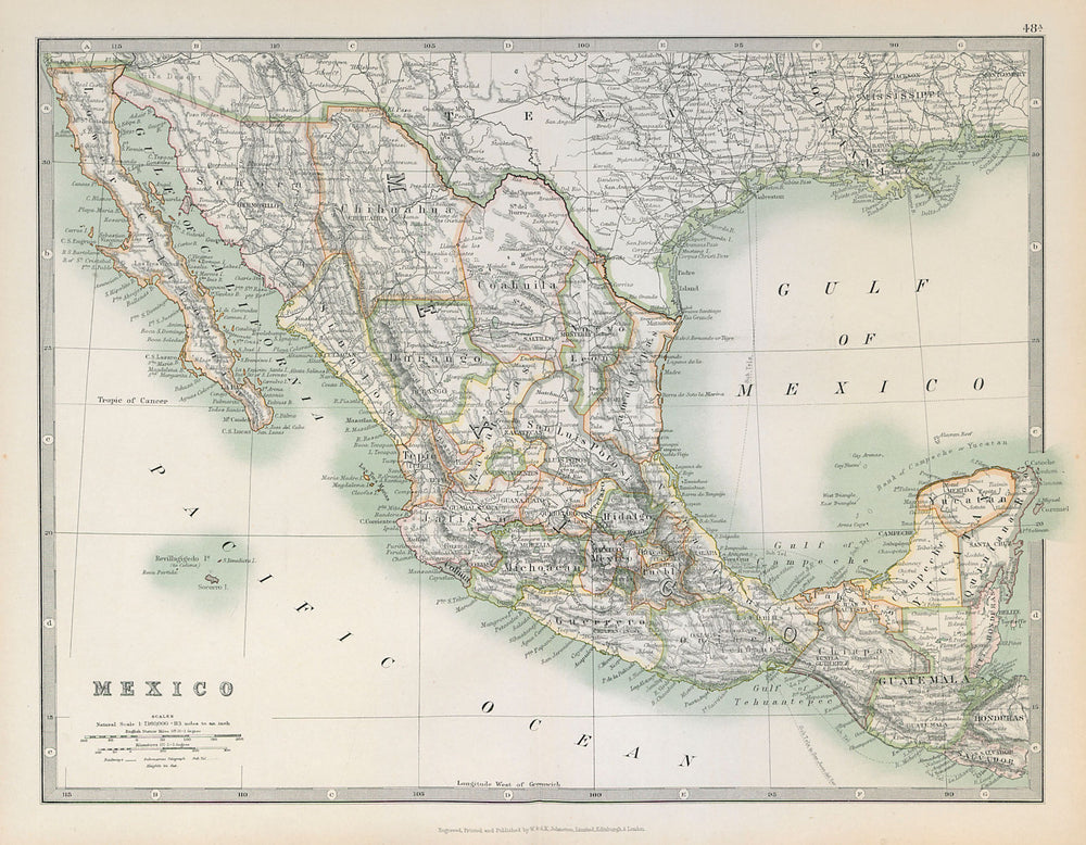 MEXICO showing states. Guatemala & British Honduras. JOHNSTON 1915 old map