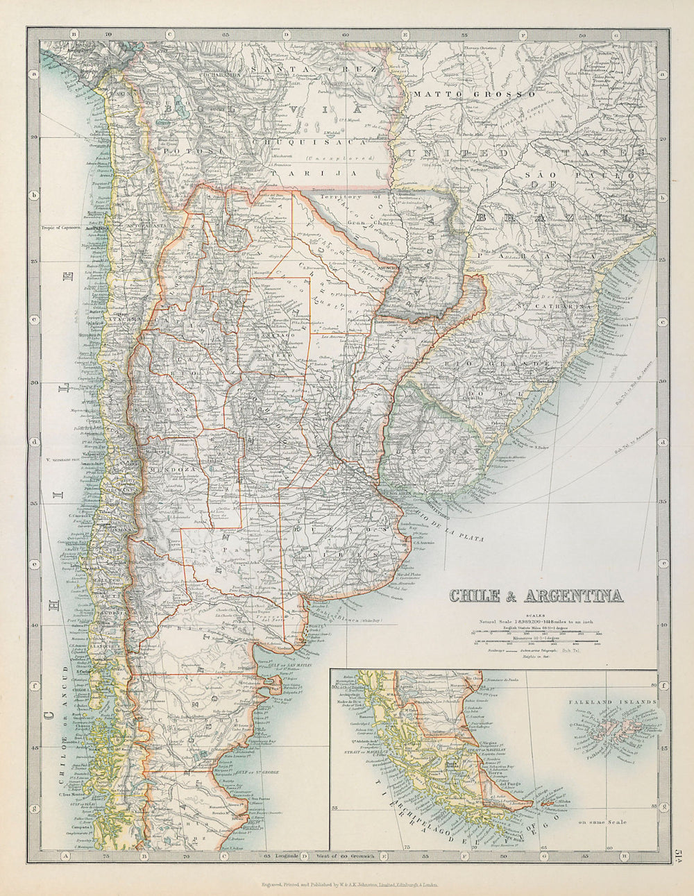 CHILE & ARGENTINA. Paraguay/Bolivia ignored 1897 border. JOHNSTON 1915 old map