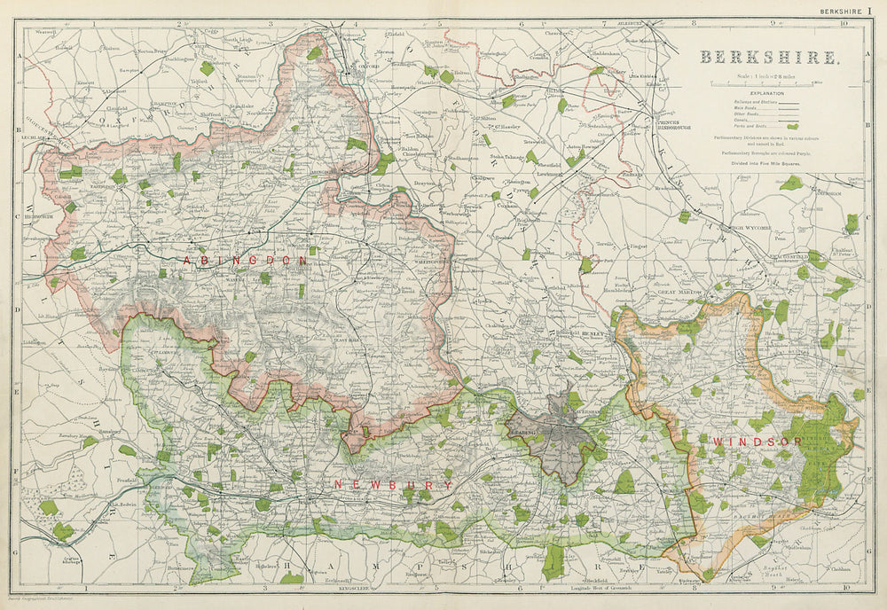BERKSHIRE. Showing Parliamentary divisions, boroughs & parks. BACON 1920 map