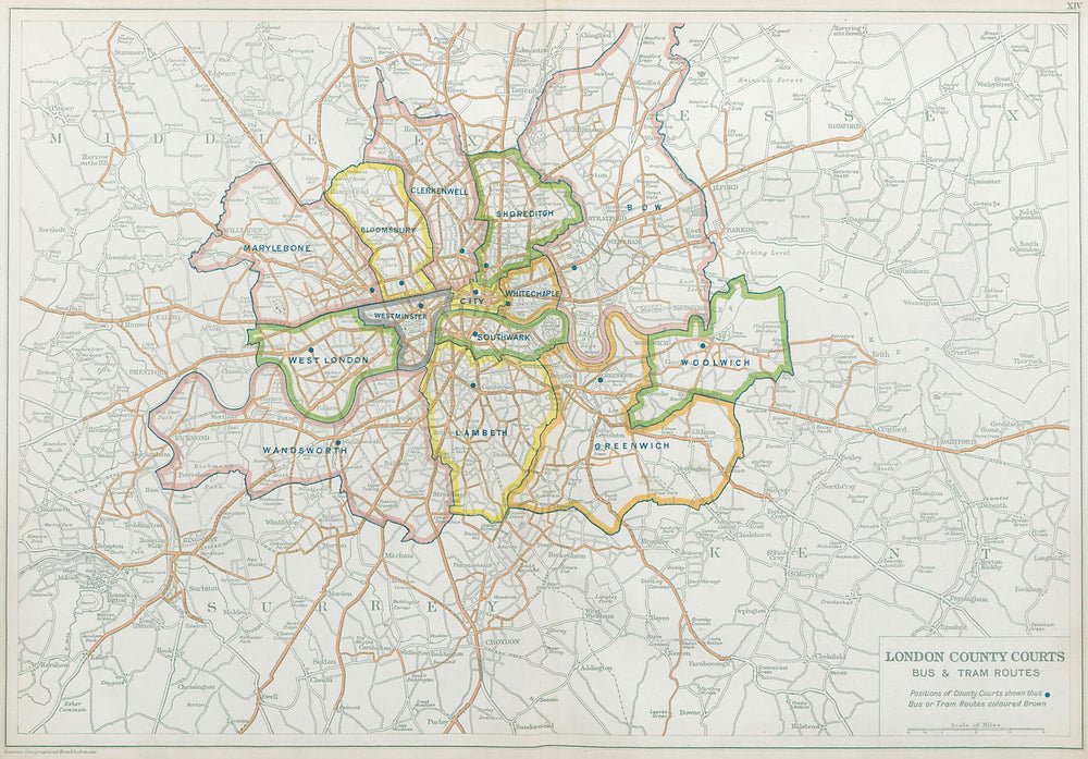 LONDON COUNTY COURTS + BUS & TRAM ROUTES. Vintage map. BACON 1920 old