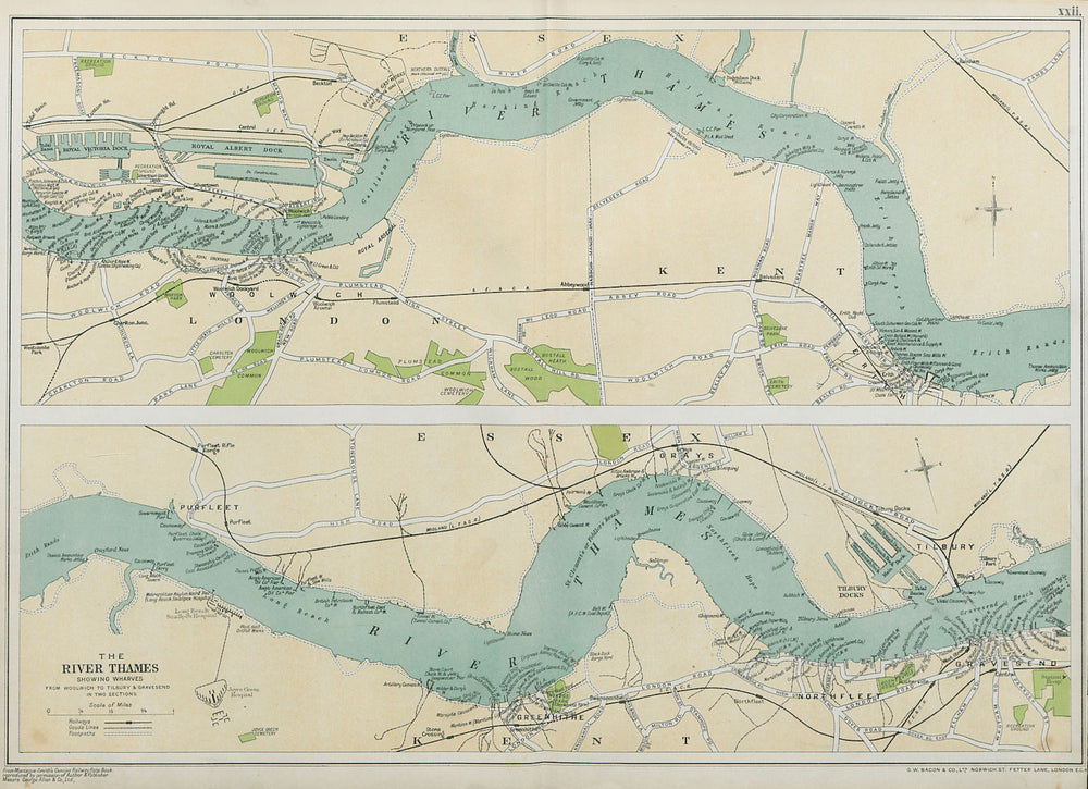 PORT OF LONDON. Wharves/docks. Thames Woolwich-Tilbury/Gravesend. BACON 1920 map