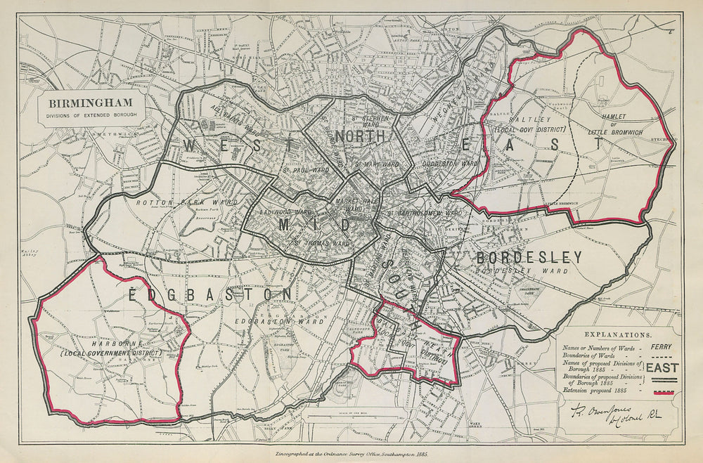 Birmingham Parliamentary Borough. Edgbaston. BOUNDARY COMMISSION 1885 old map
