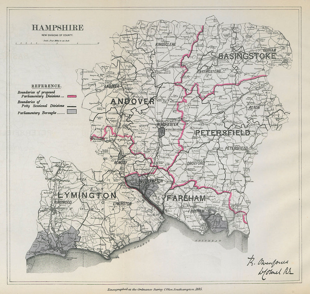 Hampshire Parliamentary Divisions Andover Lymington BOUNDARY COMMISSION 1885 map