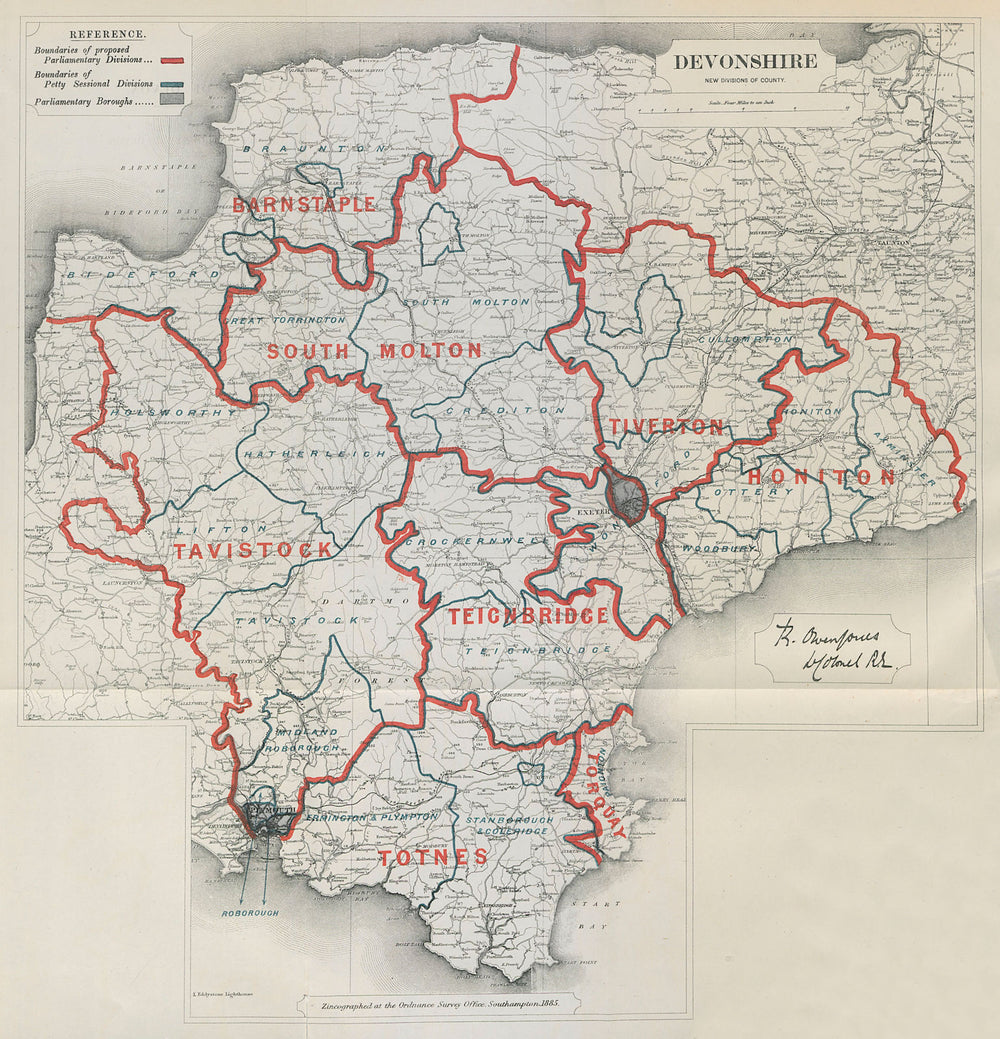 Devonshire Parliamentary Divisions. Totnes Honiton. BOUNDARY COMMISSION 1885 map
