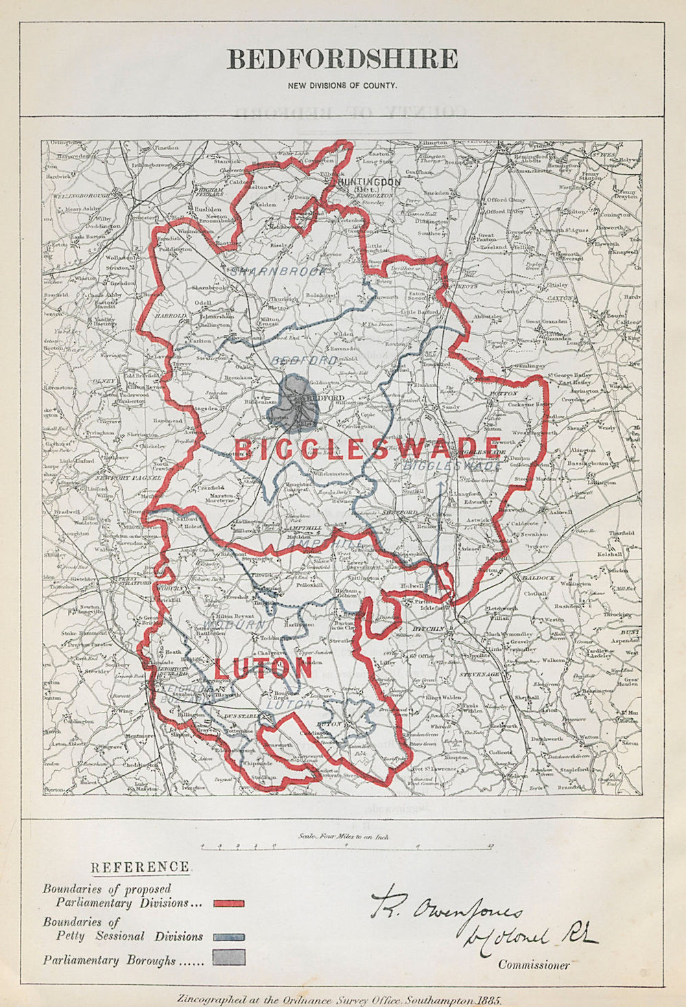 Bedfordshire Parliamentary Divisions. Luton. BOUNDARY COMMISSION 1885 old map