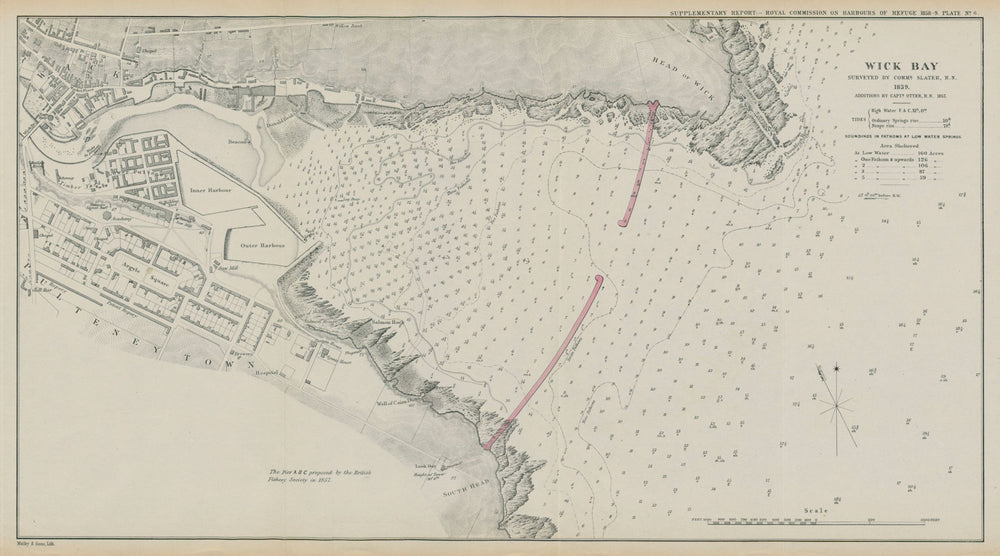 Wick Bay surveyed by Slater/Otter. Proposed breakwaters. Scotland 1859 old map