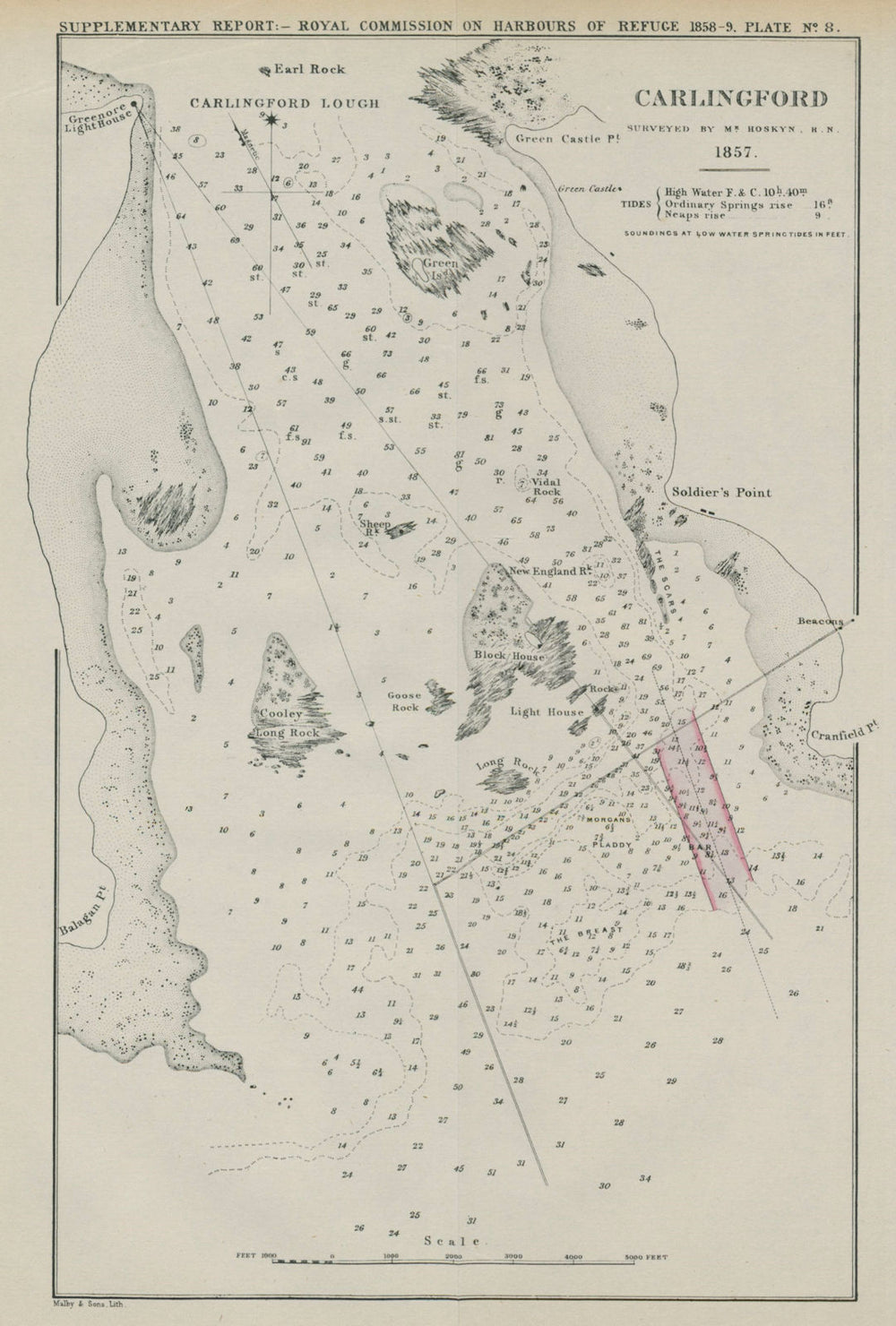 Carlingford Lough entrance. Hoskyn survey. Proposed channel. Ireland 1859 map