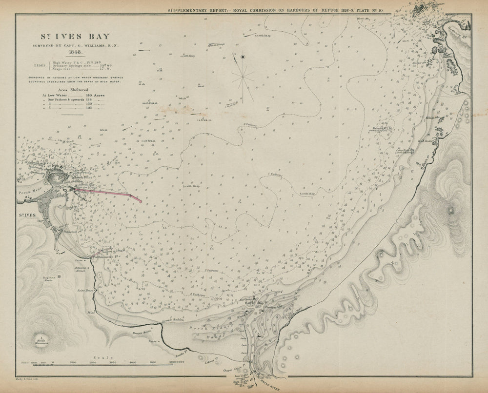 St Ives Bay surveyed by Capt. G Williams. Proposed breakwater. Cornwall 1859 map