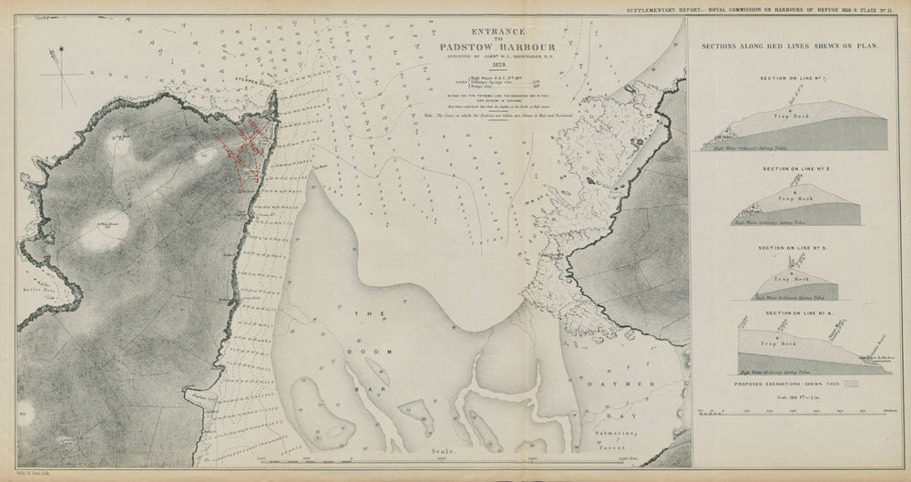 Entrance to Padstow Harbour surveyed by Commr. W L Sheringham. Cornwall 1859 map