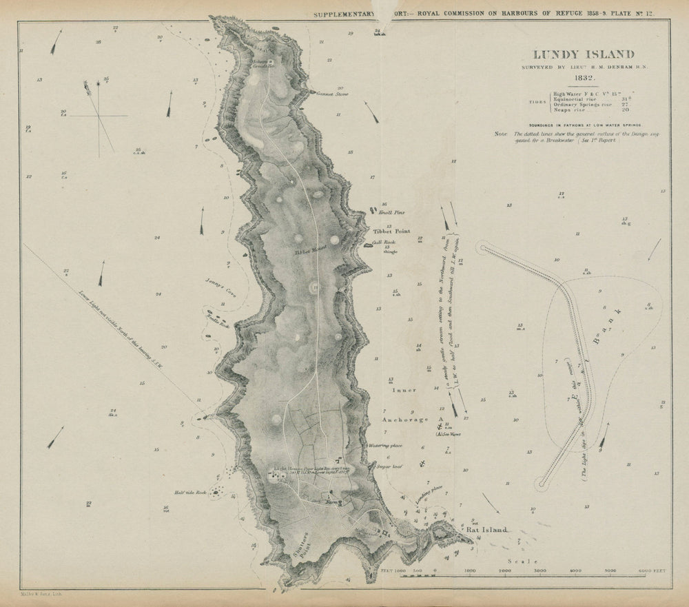 Lundy Island surveyed by Lt. H M Denham. Proposed breakwater. Devon 1859 map