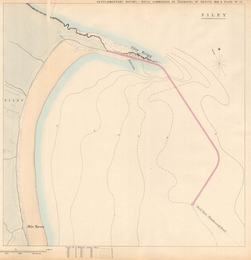 Filey Bay showing the proposed breakwater. Yorkshire 1859 old antique map