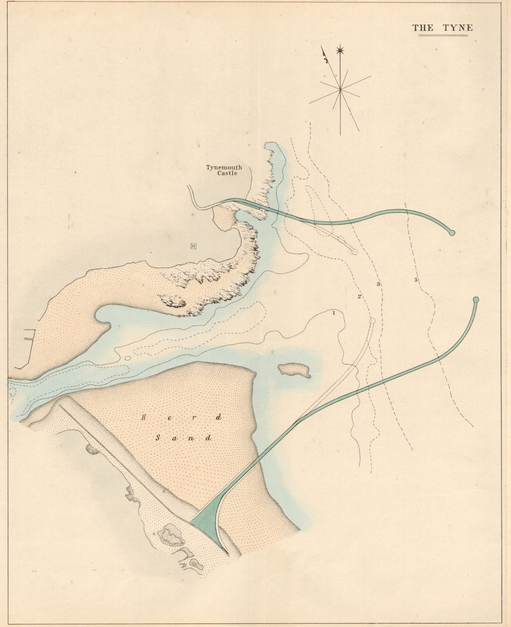 Tynemouth showing proposed breakwaters. Harbour. North/South Shields 1859 map