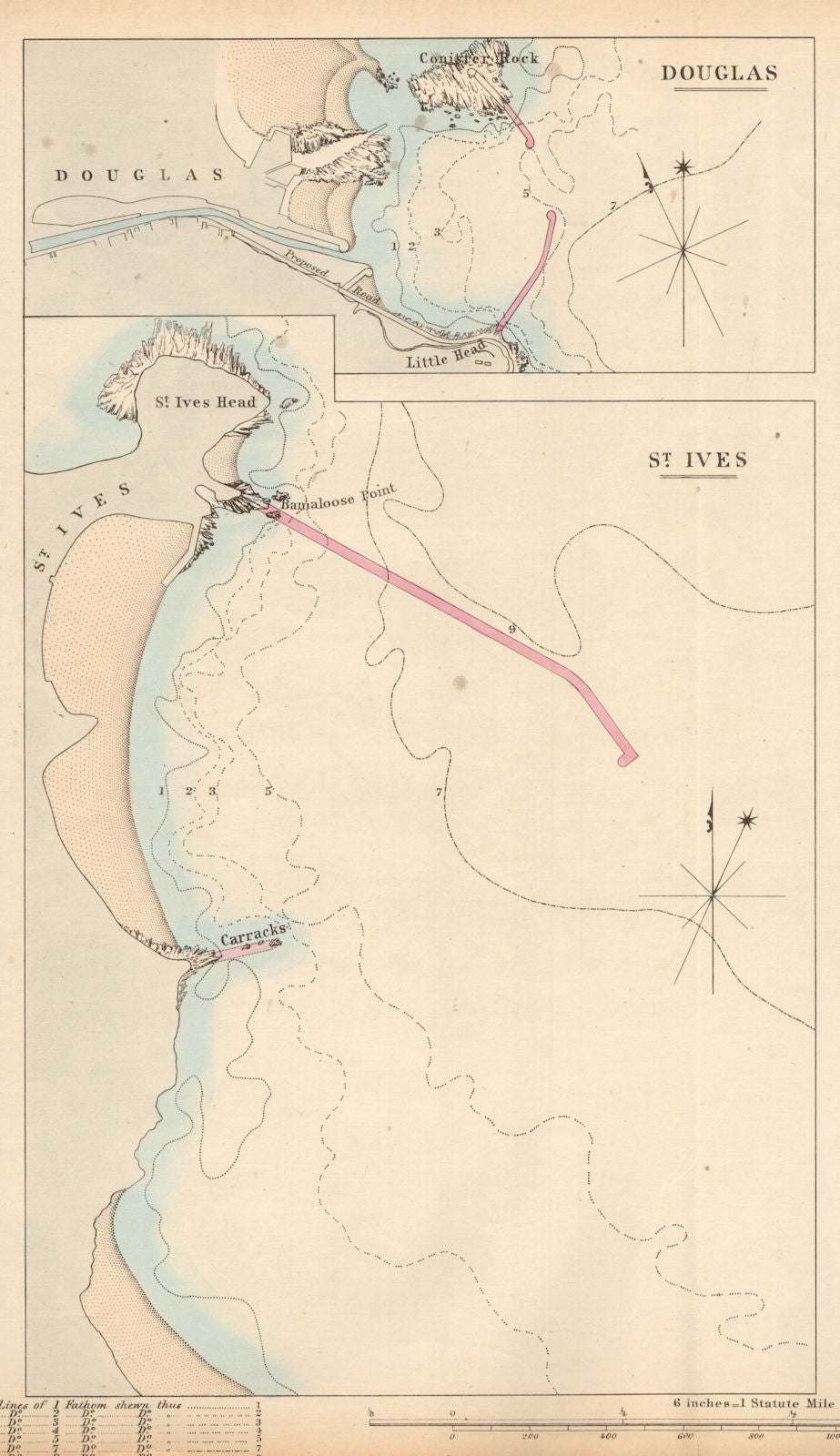 Douglas, Isle of Man & St Ives Bay, Cornwall. Proposed breakwaters 1859 map