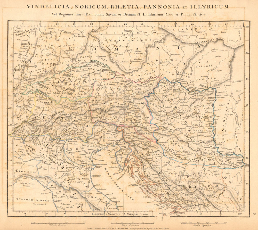 ANCIENT CENTRAL EUROPE. Vindelicia Noricum Rhaetia Pannonia. ARROWSMITH 1828 map