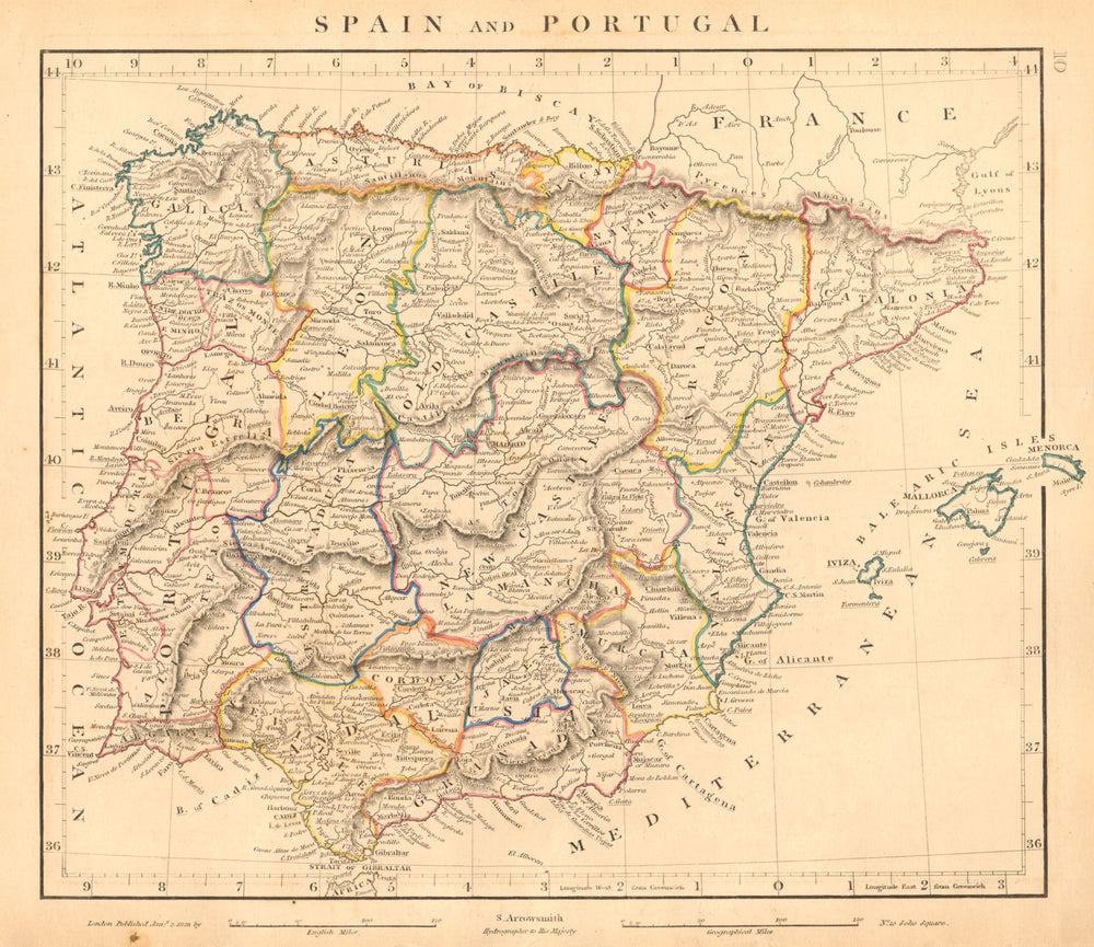 IBERIA. Spain and Portugal General map. Provinces. ARROWSMITH 1828 old