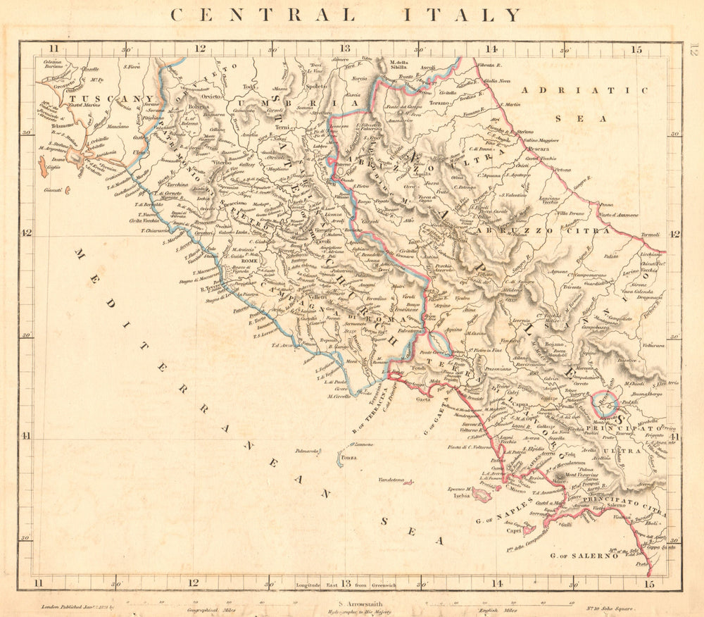 CENTRAL ITALY. Papal States. Kingdom of Naples. ARROWSMITH 1828 old map