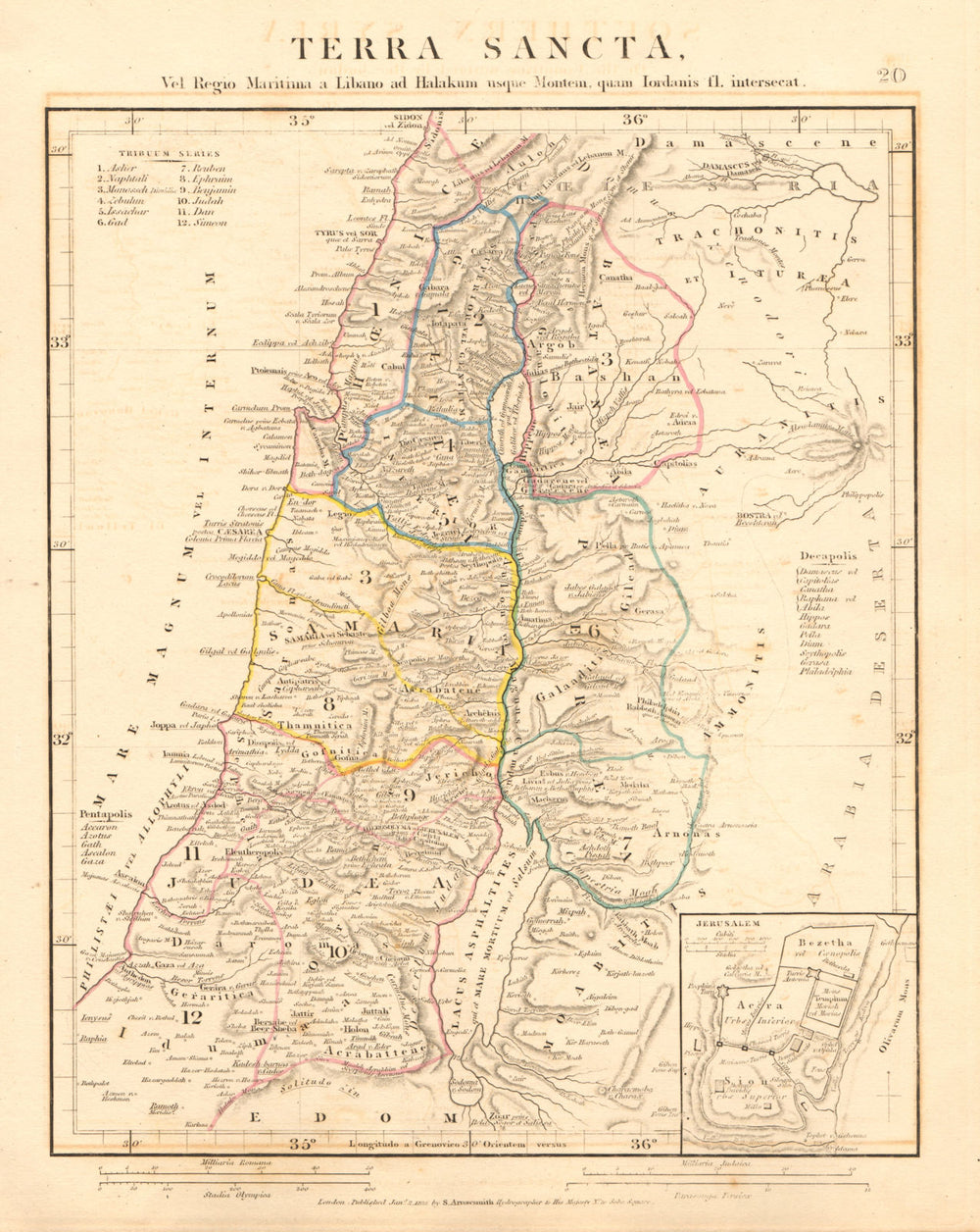 ANCIENT PALESTINE. Terra Sancta. Holy Land. 12 tribes Israel ARROWSMITH 1828 map