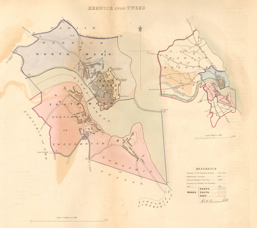 BERWICK UPON TWEED borough/town plan BOUNDARY COMMISSION. DAWSON 1837 old map