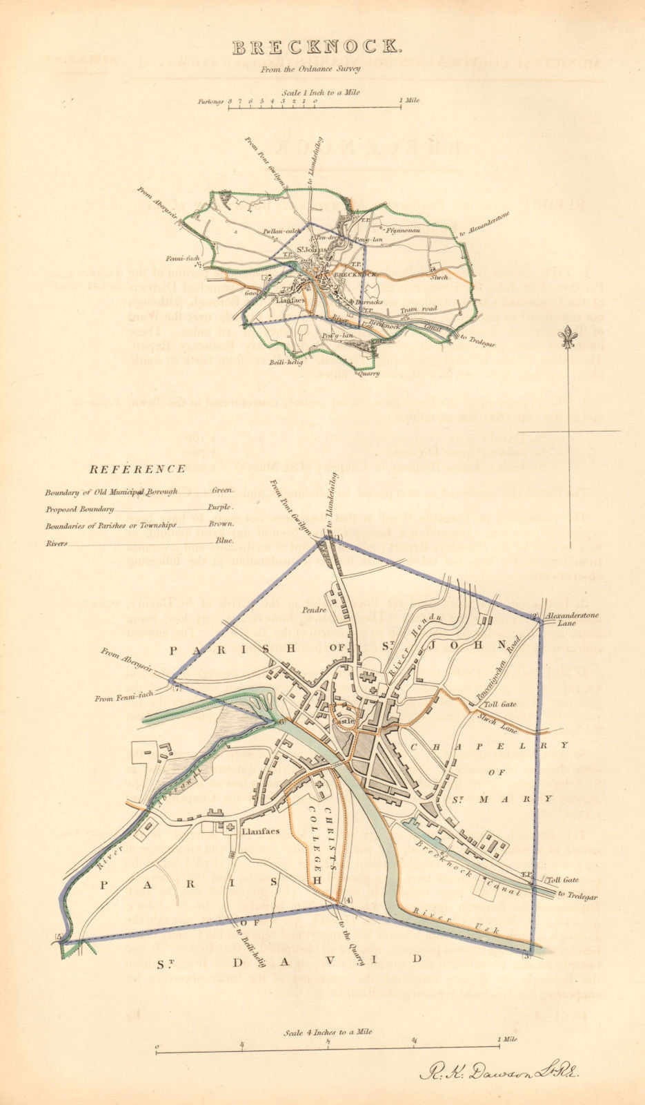 BRECKNOCK/BRECON borough/town plan. BOUNDARY COMMISSION. Wales. DAWSON 1837 map